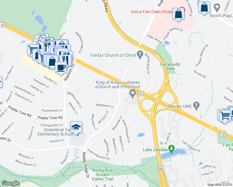 map of restaurants, bars, coffee shops, grocery stores, and more near 12801 Melvue Court in Fairfax