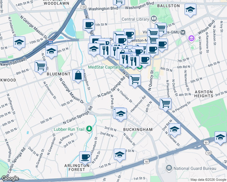 map of restaurants, bars, coffee shops, grocery stores, and more near 4414 North Carlin Springs Road in Arlington