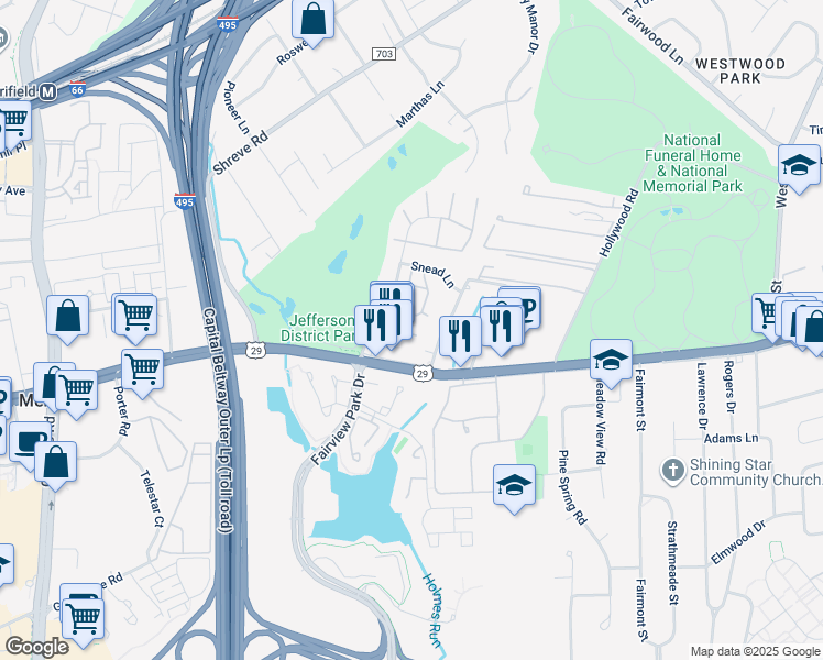 map of restaurants, bars, coffee shops, grocery stores, and more near 7806 Hyson Park Court in Falls Church