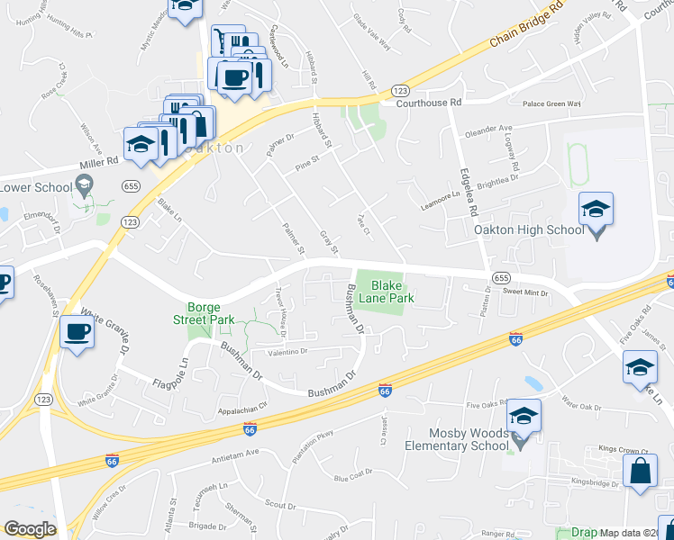 map of restaurants, bars, coffee shops, grocery stores, and more near 3110 Bradford Wood Court in Oakton