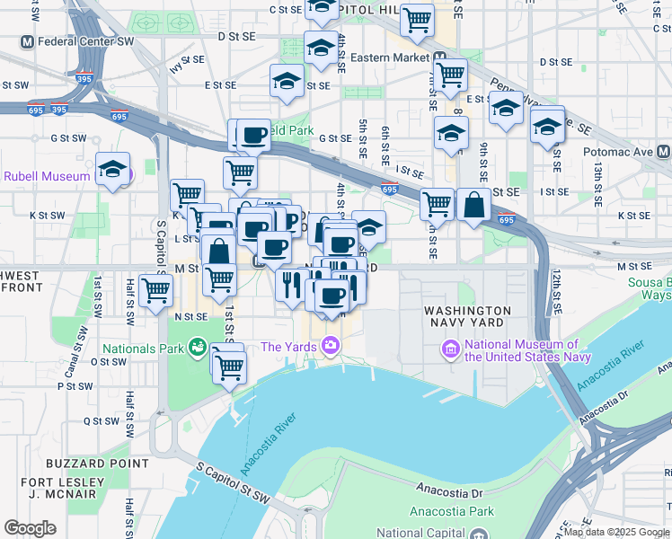 map of restaurants, bars, coffee shops, grocery stores, and more near in Washington