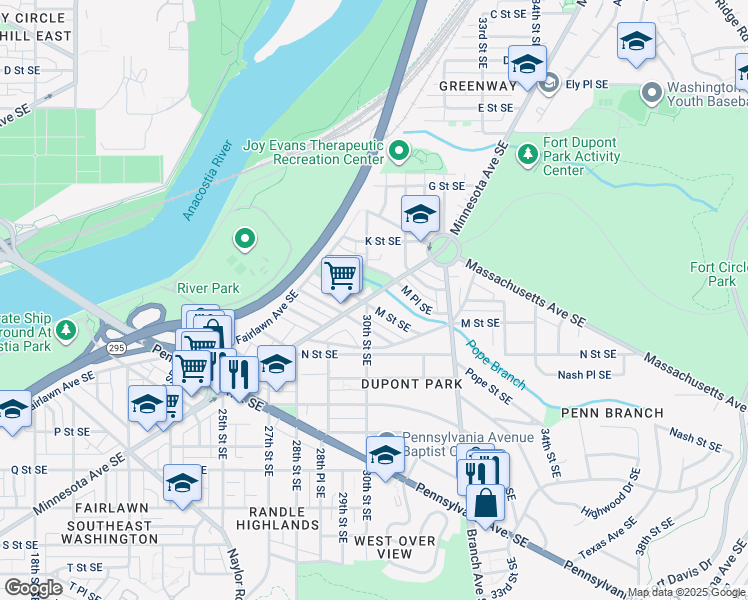 map of restaurants, bars, coffee shops, grocery stores, and more near 3000 M Street Southeast in Washington
