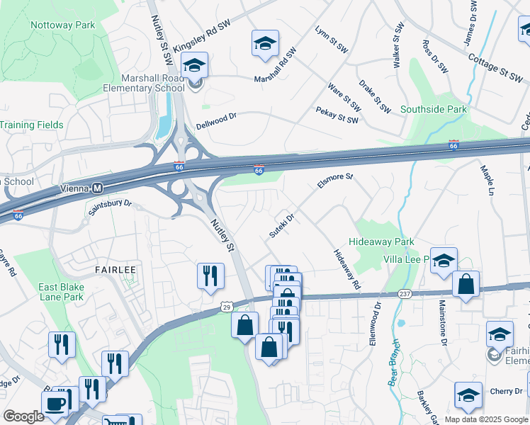map of restaurants, bars, coffee shops, grocery stores, and more near 2883 Star Opal Drive in Fairfax