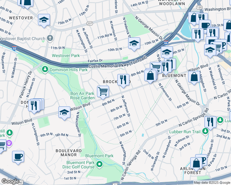 map of restaurants, bars, coffee shops, grocery stores, and more near 5615 Wilson Boulevard in Arlington
