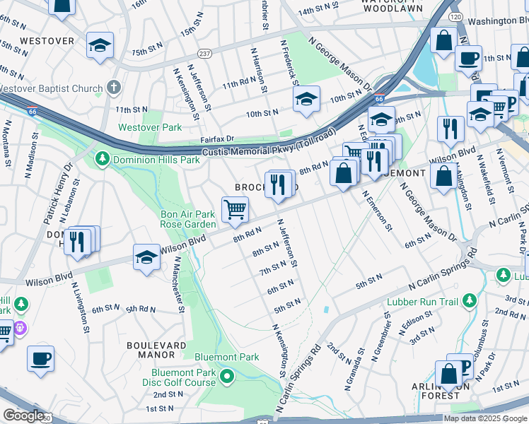 map of restaurants, bars, coffee shops, grocery stores, and more near 5615 Wilson Boulevard in Arlington