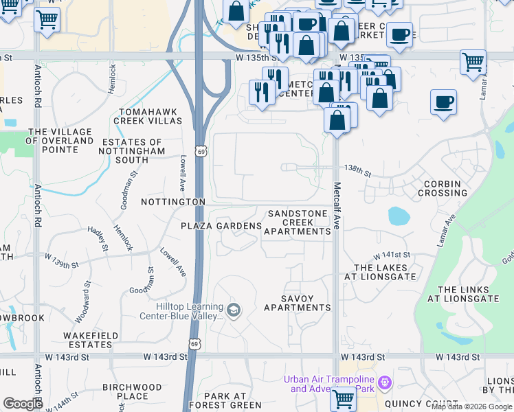 map of restaurants, bars, coffee shops, grocery stores, and more near 7813 Newton in Overland Park