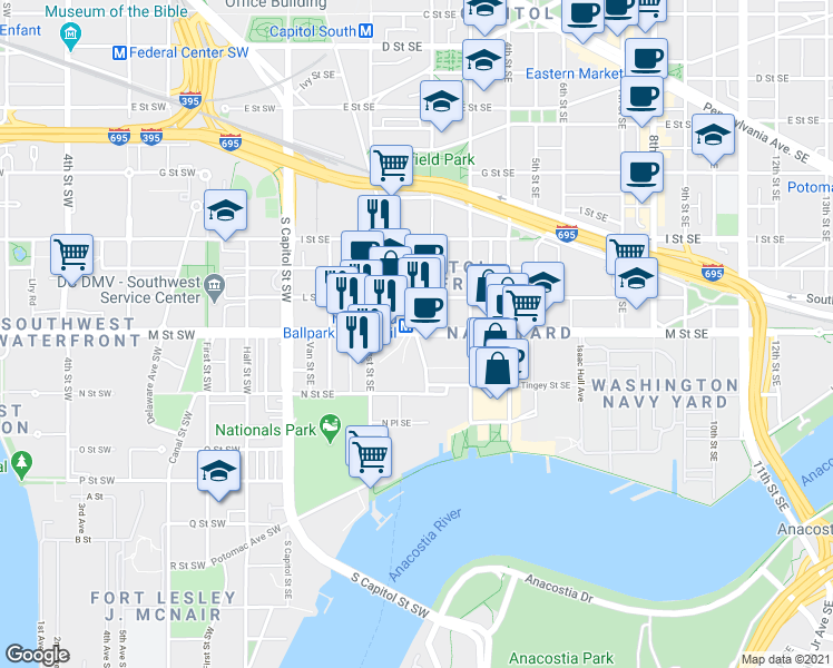 map of restaurants, bars, coffee shops, grocery stores, and more near M St SE & New Jersey Ave SE in Washington