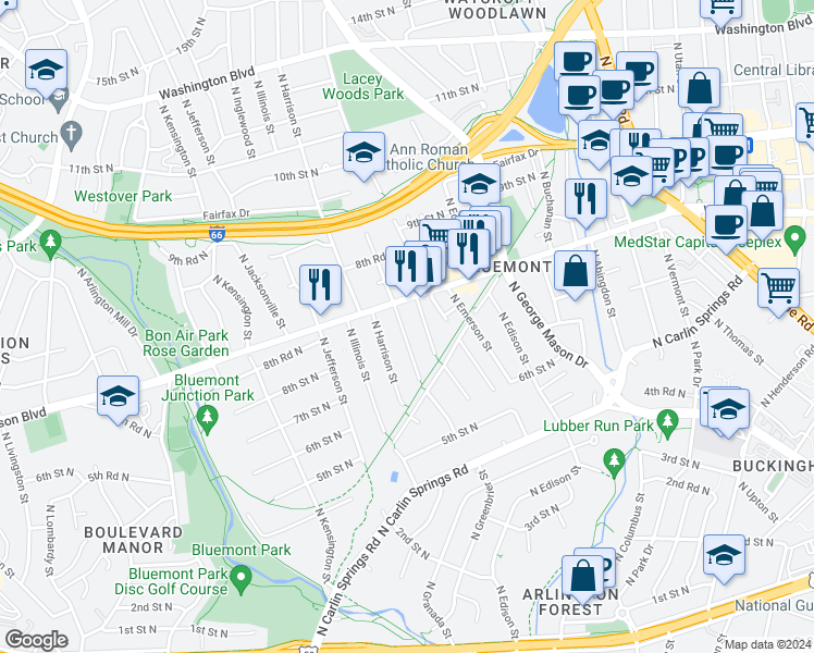 map of restaurants, bars, coffee shops, grocery stores, and more near 811 North Greenbrier Street in Arlington