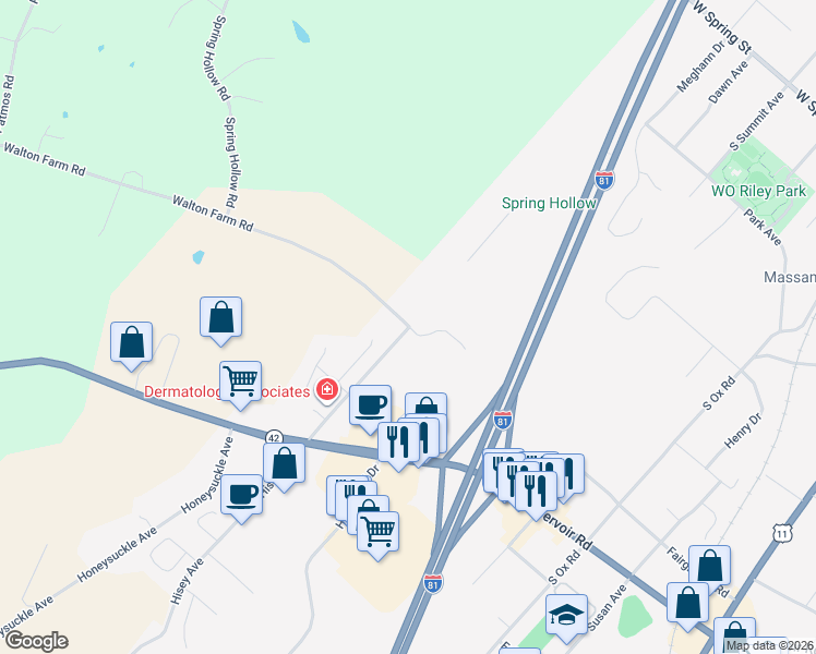 map of restaurants, bars, coffee shops, grocery stores, and more near 1 Walton Farm Road in Woodstock