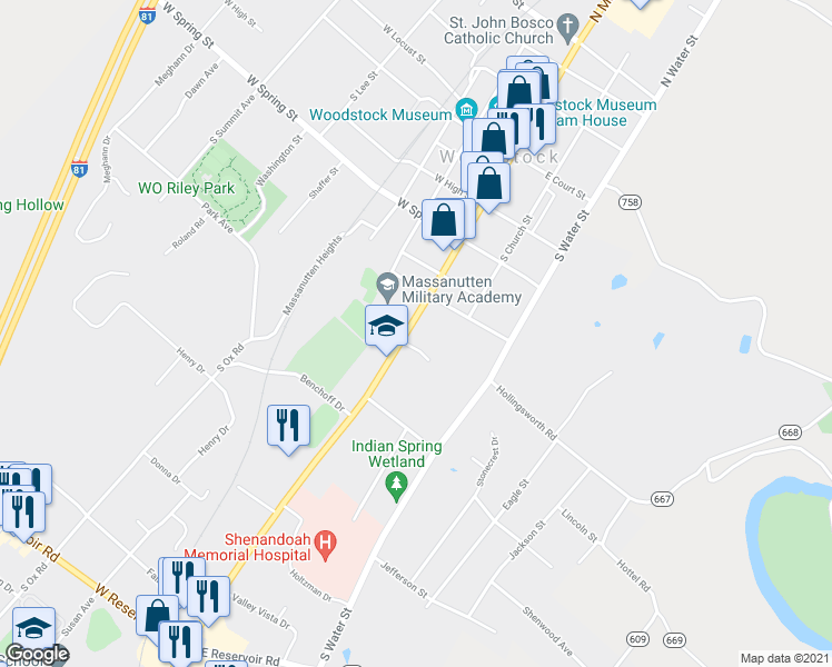 map of restaurants, bars, coffee shops, grocery stores, and more near 543 South Main Street in Woodstock