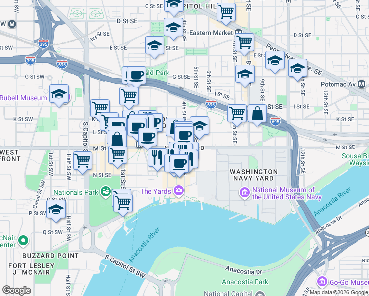 map of restaurants, bars, coffee shops, grocery stores, and more near in Washington