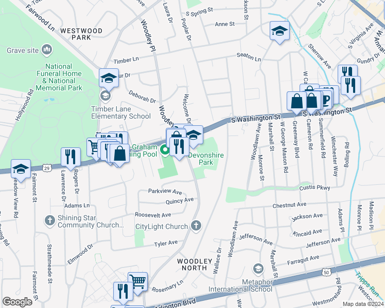 map of restaurants, bars, coffee shops, grocery stores, and more near 2831 Graham Road in Falls Church