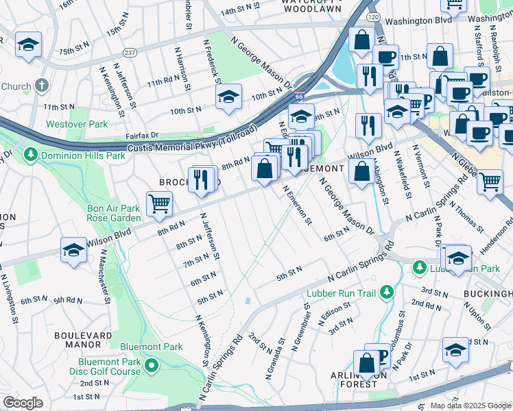 map of restaurants, bars, coffee shops, grocery stores, and more near 811 North Greenbrier Street in Arlington