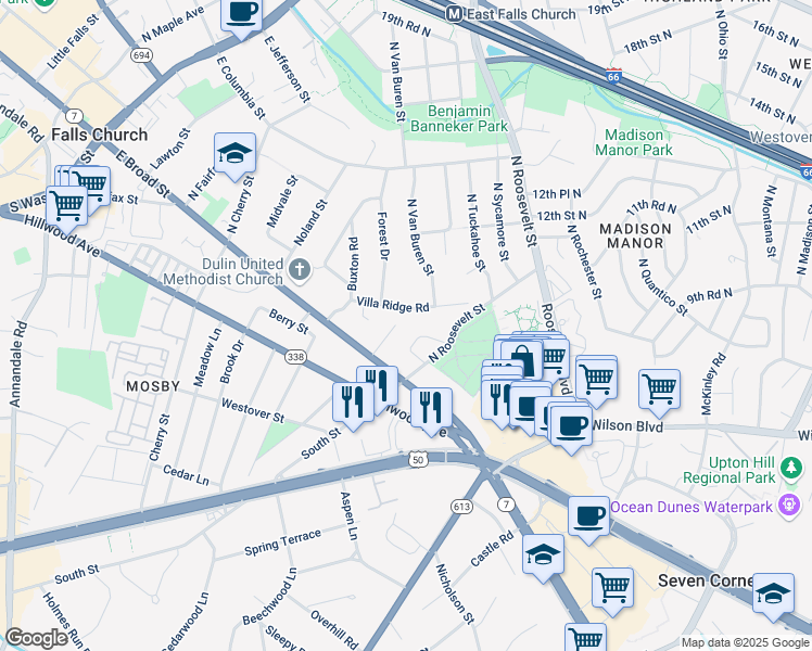 map of restaurants, bars, coffee shops, grocery stores, and more near 110 Church Place in Falls Church