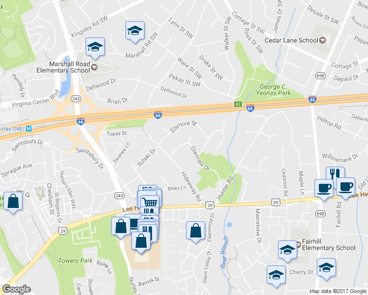 map of restaurants, bars, coffee shops, grocery stores, and more near 2868 Glenvale Drive in Fairfax