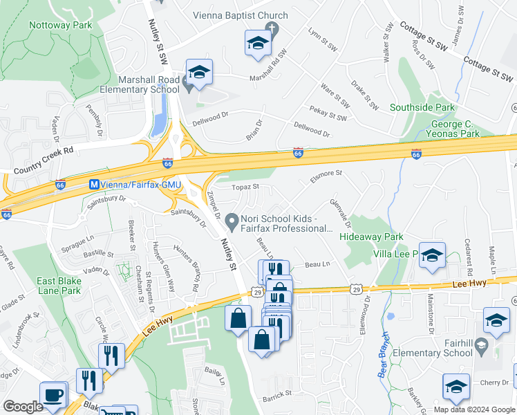 map of restaurants, bars, coffee shops, grocery stores, and more near 2883 Star Opal Drive in Fairfax