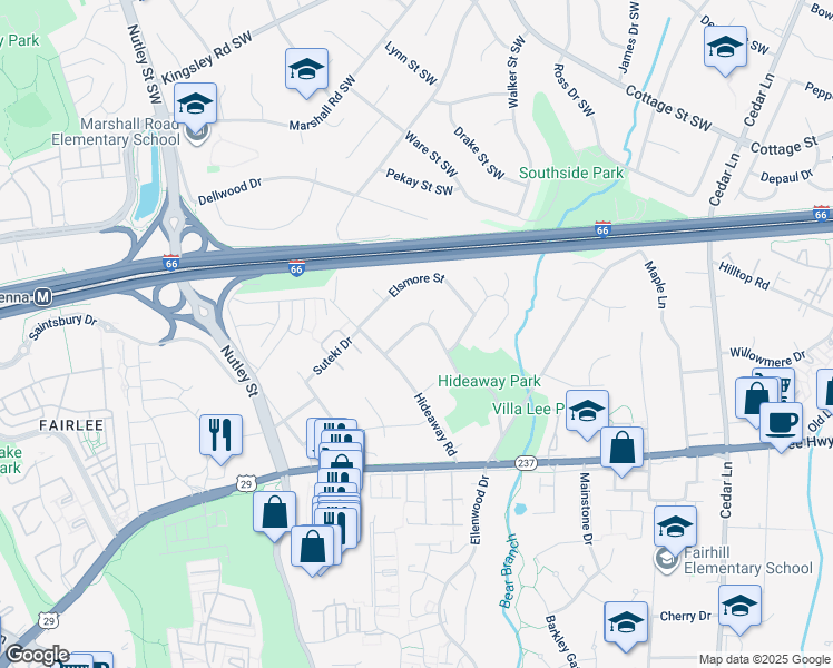 map of restaurants, bars, coffee shops, grocery stores, and more near 2868 Glenvale Drive in Fairfax