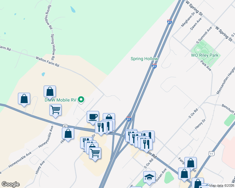 map of restaurants, bars, coffee shops, grocery stores, and more near 540 Hotchkiss Drive in Woodstock