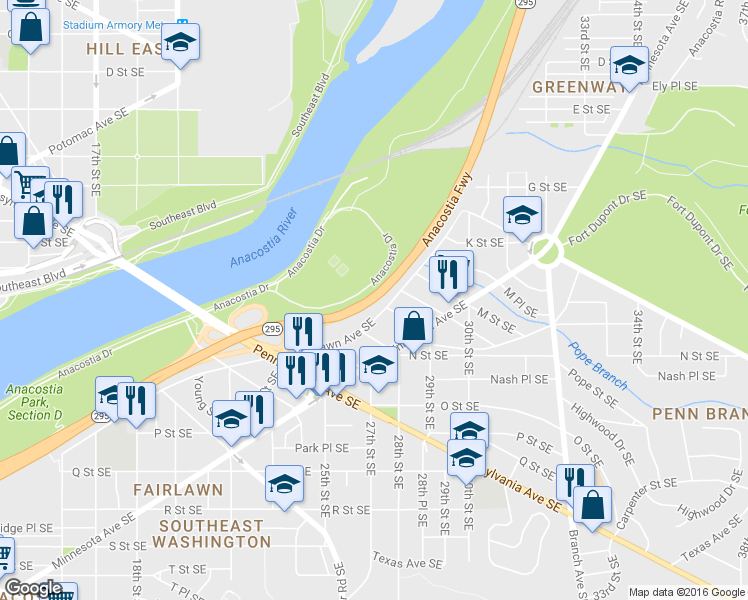map of restaurants, bars, coffee shops, grocery stores, and more near Anacostia Fwy in Washington