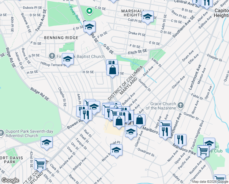 map of restaurants, bars, coffee shops, grocery stores, and more near 5078 Benning Road Southeast in Washington