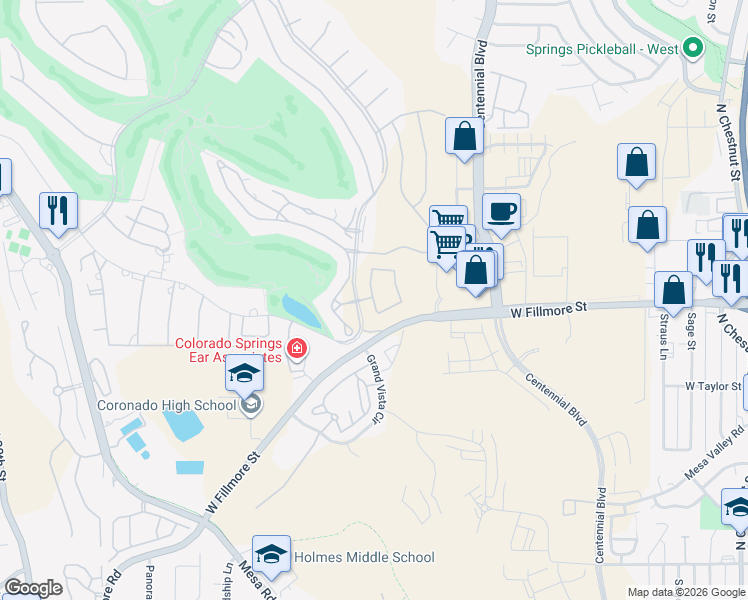 map of restaurants, bars, coffee shops, grocery stores, and more near 4383 West Fillmore Street in Colorado Springs