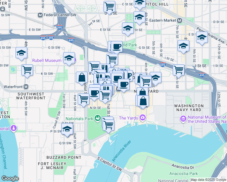 map of restaurants, bars, coffee shops, grocery stores, and more near 101 Independence Avenue Southeast in Washington