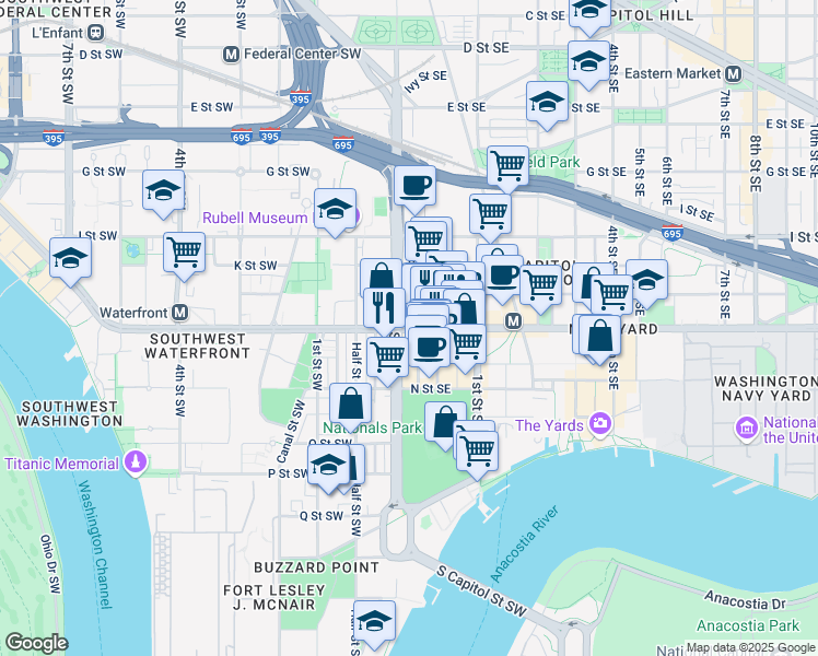 map of restaurants, bars, coffee shops, grocery stores, and more near 101 Independence Avenue Southeast in Washington