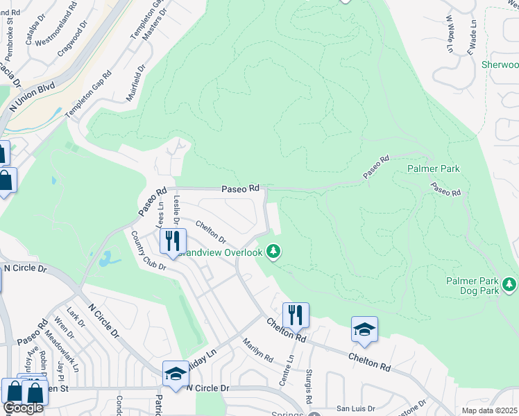 map of restaurants, bars, coffee shops, grocery stores, and more near 3075 North Chelton Road in Colorado Springs