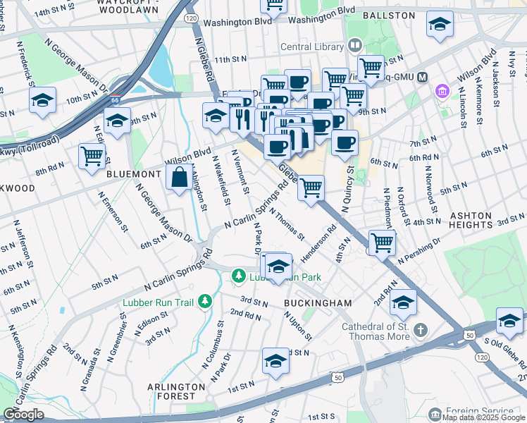 map of restaurants, bars, coffee shops, grocery stores, and more near 4410 North Carlin Springs Road in Arlington