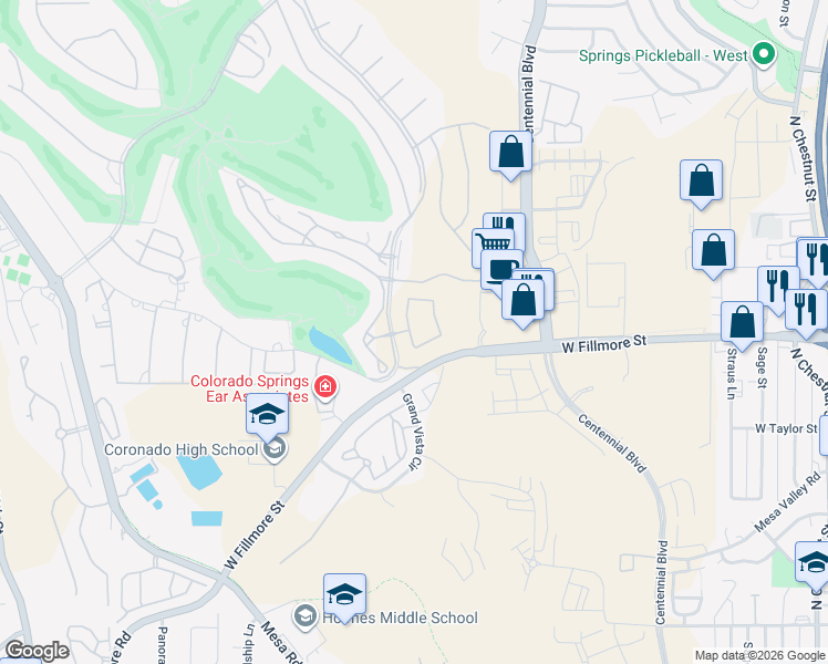 map of restaurants, bars, coffee shops, grocery stores, and more near 4383 West Fillmore Street in Colorado Springs