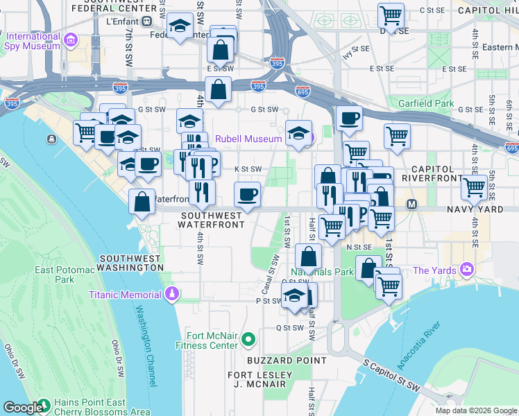 map of restaurants, bars, coffee shops, grocery stores, and more near Delaware Ave SW & M St SW in Washington