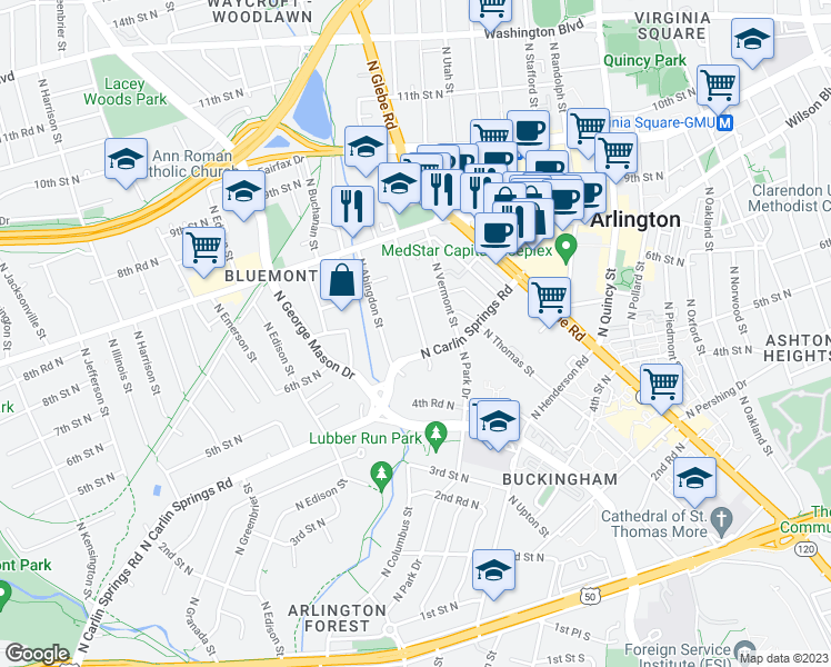 map of restaurants, bars, coffee shops, grocery stores, and more near 516 North Wakefield Street in Arlington