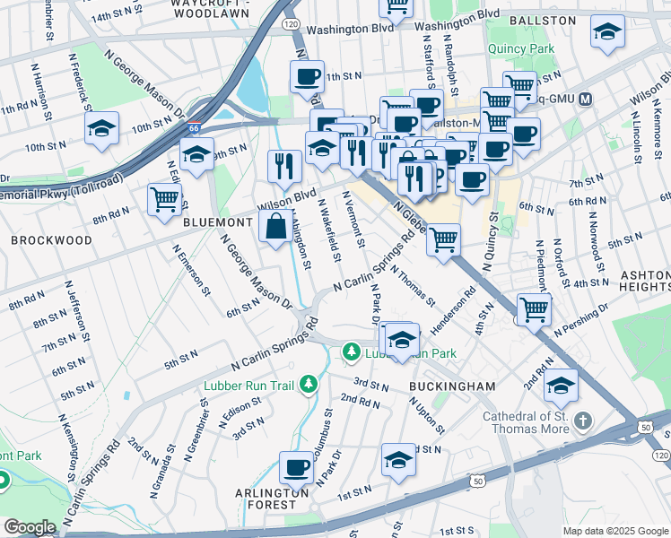 map of restaurants, bars, coffee shops, grocery stores, and more near 516 North Wakefield Street in Arlington