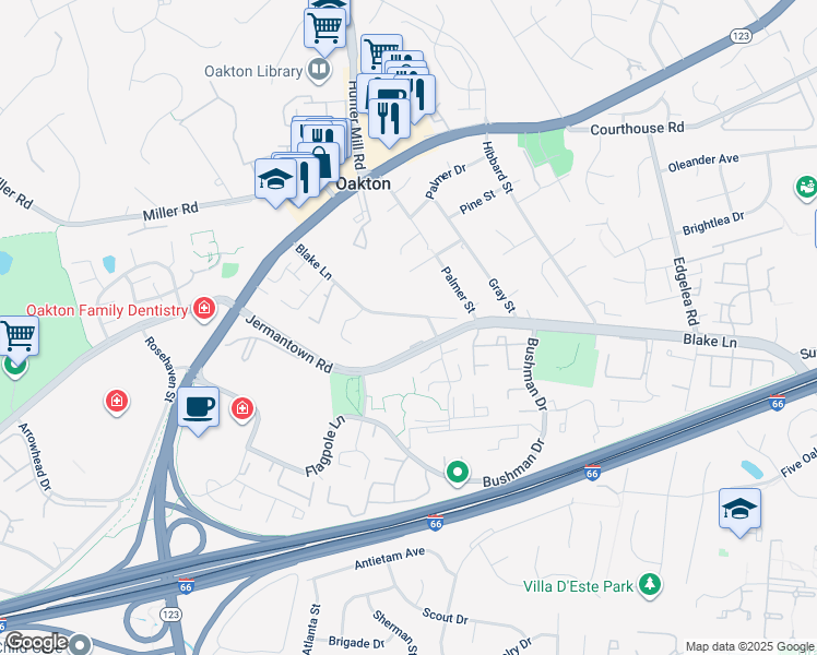 map of restaurants, bars, coffee shops, grocery stores, and more near 10227 Blake Lane in Oakton