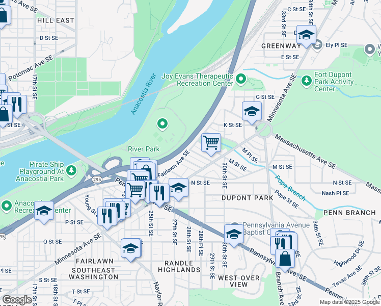 map of restaurants, bars, coffee shops, grocery stores, and more near 2901 Nelson Place Southeast in Washington