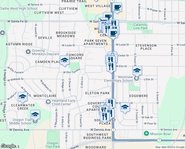 map of restaurants, bars, coffee shops, grocery stores, and more near 1112 West Elm Terrace in Olathe