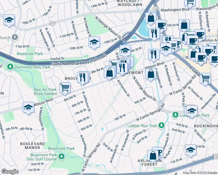 map of restaurants, bars, coffee shops, grocery stores, and more near 804 North Florida Street in Arlington