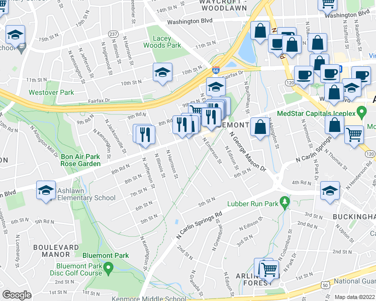 map of restaurants, bars, coffee shops, grocery stores, and more near 804 North Florida Street in Arlington