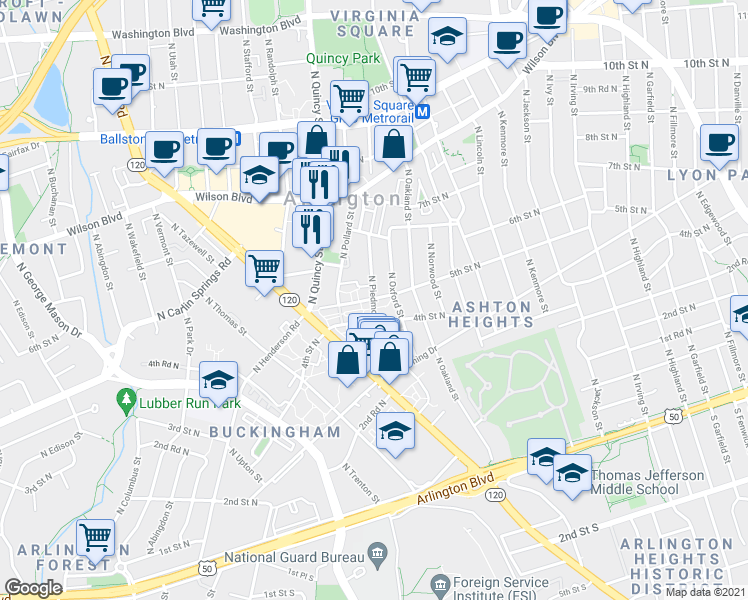 map of restaurants, bars, coffee shops, grocery stores, and more near North Piedmont Street in Arlington