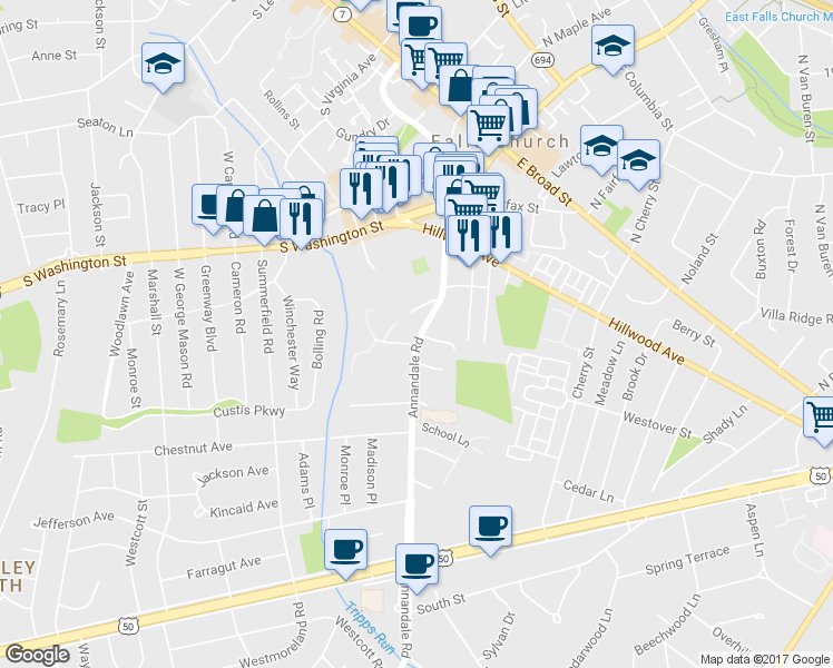 map of restaurants, bars, coffee shops, grocery stores, and more near 2820 Annandale Road in Falls Church