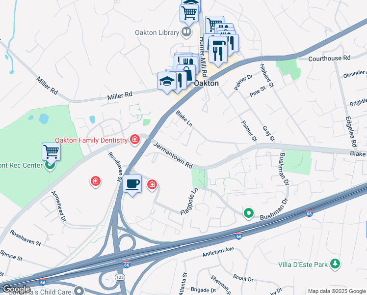 map of restaurants, bars, coffee shops, grocery stores, and more near 3038 Barden Oaks Court in Oakton
