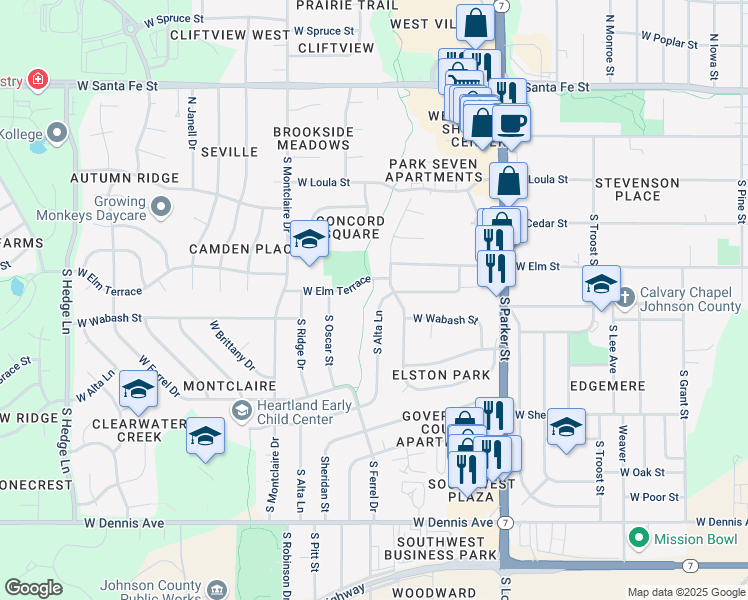 map of restaurants, bars, coffee shops, grocery stores, and more near 1301 West Elm Terrace in Olathe
