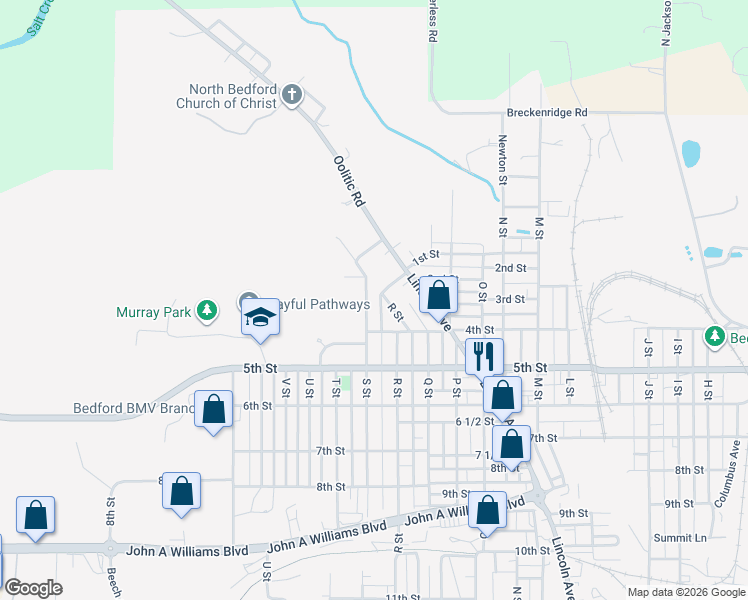 map of restaurants, bars, coffee shops, grocery stores, and more near 220 S St in Bedford