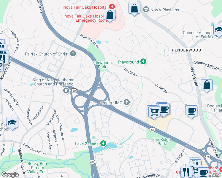 map of restaurants, bars, coffee shops, grocery stores, and more near 3874 Mohr Oak Court in Fairfax