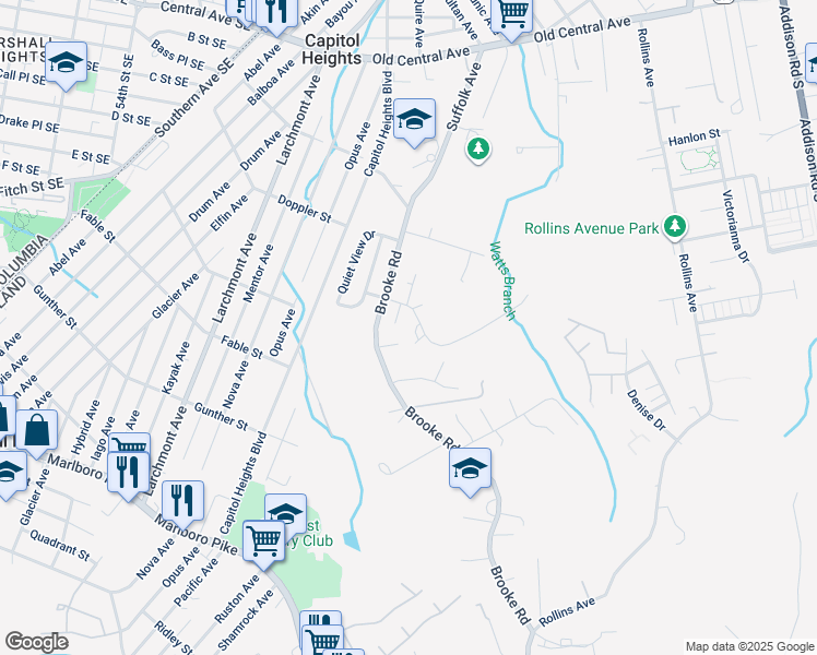 map of restaurants, bars, coffee shops, grocery stores, and more near 1013 Huntsworth Court in Capitol Heights
