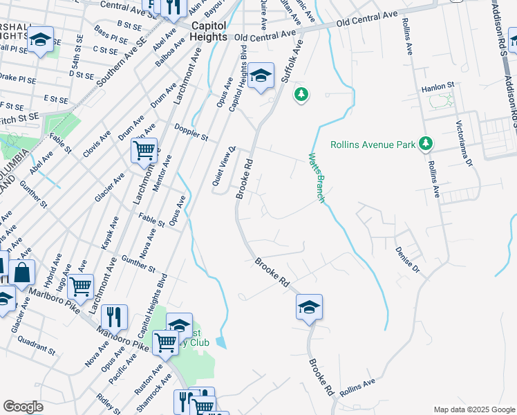 map of restaurants, bars, coffee shops, grocery stores, and more near 1013 Huntsworth Court in Capitol Heights