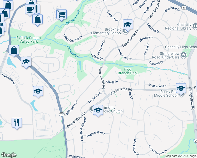 map of restaurants, bars, coffee shops, grocery stores, and more near 4503 Fillingame Drive in Chantilly