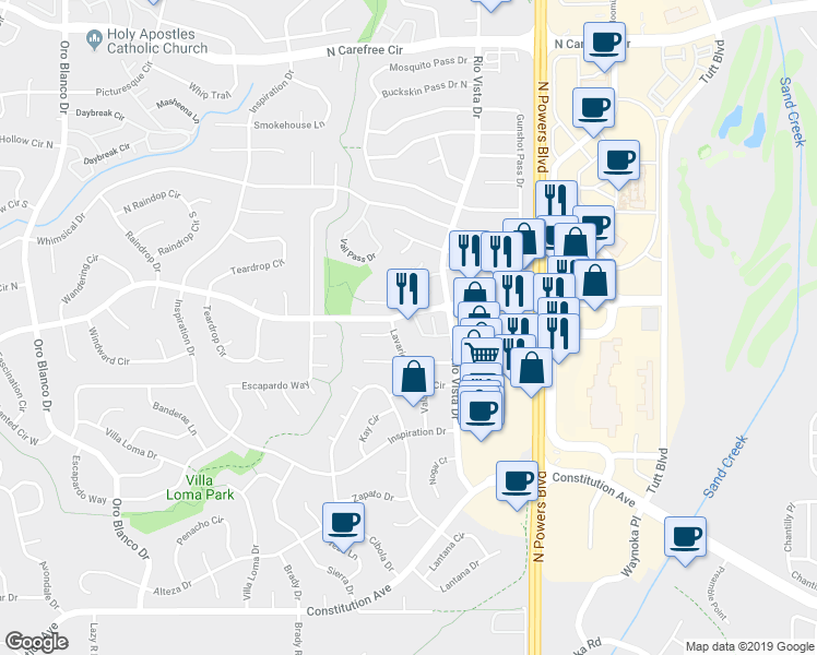 map of restaurants, bars, coffee shops, grocery stores, and more near 5469 Tennessee Pass Drive in Colorado Springs