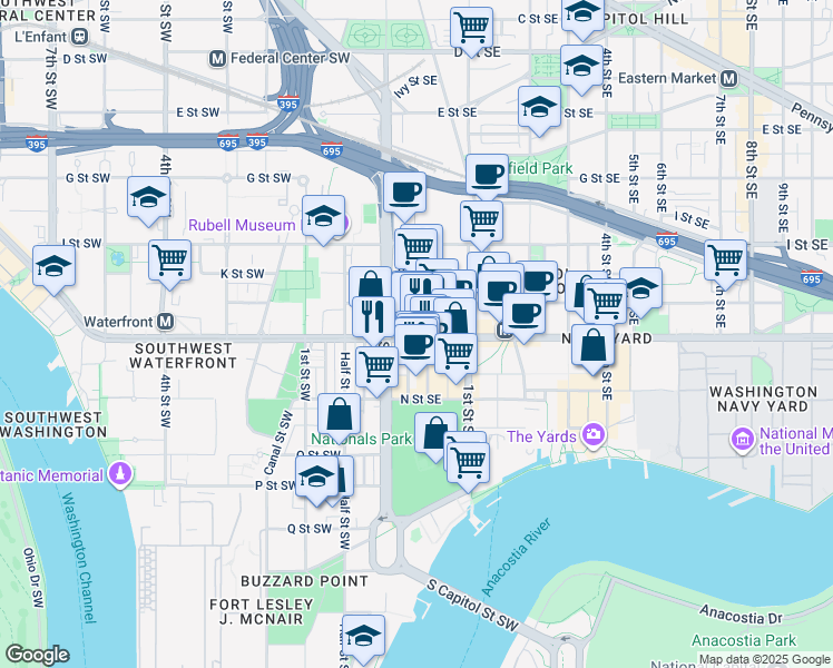 map of restaurants, bars, coffee shops, grocery stores, and more near 101 Independence Avenue Southeast in Washington