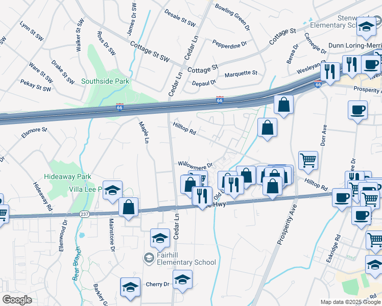 map of restaurants, bars, coffee shops, grocery stores, and more near 2853 Willowmere Woods Drive in Vienna